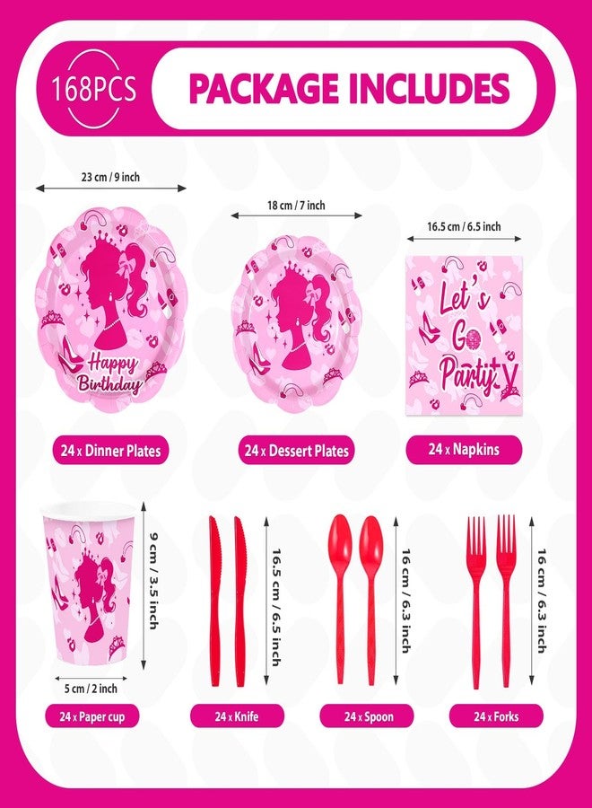 Greencian 168Pcs Pink Girl Party Supplies Hot Pink Birthday Plates and Napkins Pink Princess Decorations Tableware Set for Girl Doll Theme Party Supplies，Serves 24 - Image 2